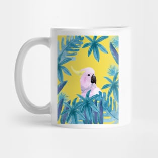 Cockatoo with tropical leaves in watercolor and a yellow background Mug